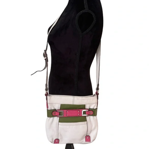 Tignanello White w/Pink/Green Trim Leather Crossbody Bag - Picture 3 of 5